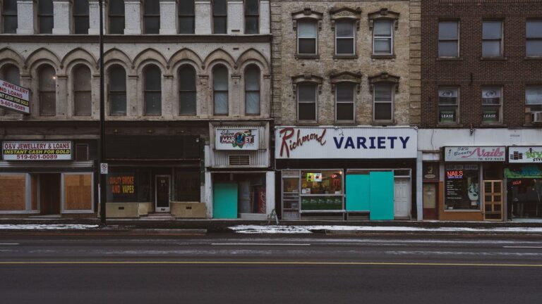 A variety of local business storefronts on a street