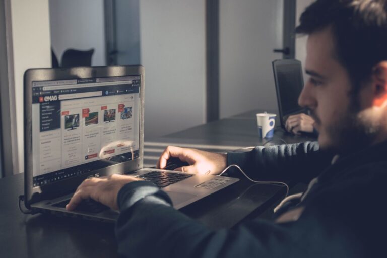 Searching an online business directory on a laptop
